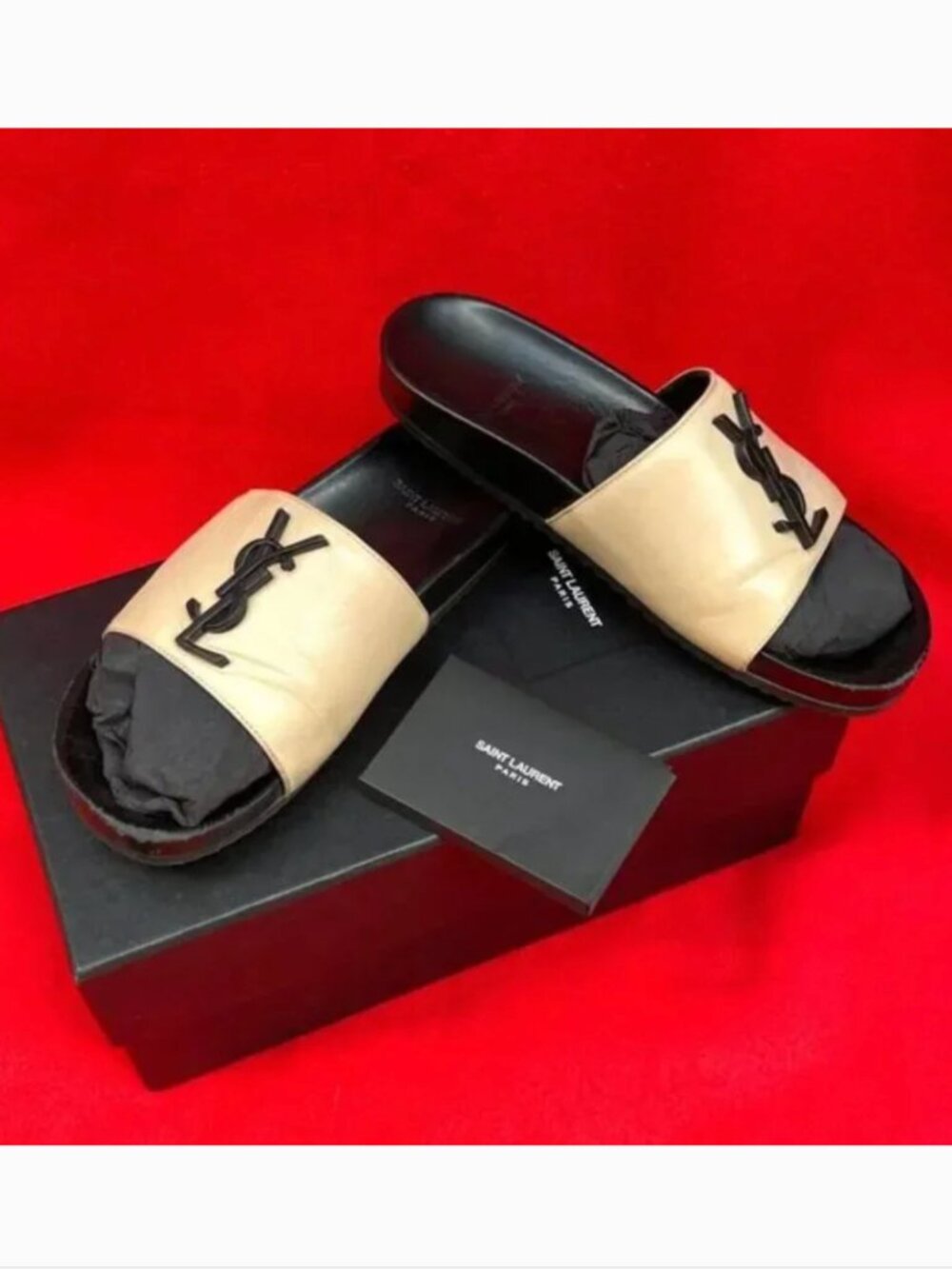 Saint Laurent Joan YSL Brooch Leather Slide Sandal